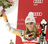 Lindsey Vonn of USA celebrates her medal won in Women downhill race of Audi FIS alpine skiing World Cup 2010-2011 in Tarvisio, Italy. Women downhill race of Audi FIS alpine skiing World Cup 2010-2011, was held on Saturday, 5th of March 2011, in Tarvisio, Italy.
