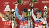 Anja Paerson of Sweden (M) Lindsey Vonn of USA (L) Elisabeth Goergl of Austria (R) celebrates her medal won in Women downhill race of Audi FIS alpine skiing World Cup 2010-2011 in Tarvisio, Italy. Women downhill race of Audi FIS alpine skiing World Cup 2010-2011, was held on Saturday, 5th of March 2011, in Tarvisio, Italy.
