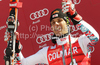 Winner Mario Matt of Austria celebrates his medal won in Men slalom race of Audi FIS alpine skiing World Cup 2010-2011 in Kranjska Gora, Slovenia. Men slalom race of FIS alpine skiing World Championships, was held on Sunday, 6th of March 2011, in Kranjska Gora, Slovenia.
