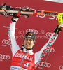 Winner Mario Matt of Austria celebrates his medal won in Men slalom race of Audi FIS alpine skiing World Cup 2010-2011 in Kranjska Gora, Slovenia. Men slalom race of FIS alpine skiing World Championships, was held on Sunday, 6th of March 2011, in Kranjska Gora, Slovenia.
