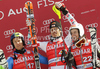 Winner Mario Matt of Austria (M), and second placed Axel Baeck of Sweden (L) and Nolan Kasper of USA (R) celebrate their medals won in Men slalom race of Audi FIS alpine skiing World Cup 2010-2011 in Kranjska Gora, Slovenia. Men slalom race of FIS alpine skiing World Championships, was held on Sunday, 6th of March 2011, in Kranjska Gora, Slovenia.
