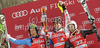 Winner Mario Matt of Austria (M), and second placed Axel Baeck of Sweden (L) and Nolan Kasper of USA (R) celebrate their medals won in Men slalom race of Audi FIS alpine skiing World Cup 2010-2011 in Kranjska Gora, Slovenia. Men slalom race of FIS alpine skiing World Championships, was held on Sunday, 6th of March 2011, in Kranjska Gora, Slovenia.
