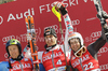 Winner Mario Matt of Austria (M), and second placed Axel Baeck of Sweden (L) and Nolan Kasper of USA (R) celebrate their medals won in Men slalom race of Audi FIS alpine skiing World Cup 2010-2011 in Kranjska Gora, Slovenia. Men slalom race of FIS alpine skiing World Championships, was held on Sunday, 6th of March 2011, in Kranjska Gora, Slovenia.
