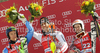 Winner Mario Matt of Austria (M), and second placed Axel Baeck of Sweden (L) and Nolan Kasper of USA (R) celebrate their medals won in Men slalom race of Audi FIS alpine skiing World Cup 2010-2011 in Kranjska Gora, Slovenia. Men slalom race of FIS alpine skiing World Championships, was held on Sunday, 6th of March 2011, in Kranjska Gora, Slovenia.
