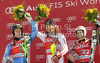 Winner Mario Matt of Austria (M), and second placed Axel Baeck of Sweden (L) and Nolan Kasper of USA (R) celebrate their medals won in Men slalom race of Audi FIS alpine skiing World Cup 2010-2011 in Kranjska Gora, Slovenia. Men slalom race of FIS alpine skiing World Championships, was held on Sunday, 6th of March 2011, in Kranjska Gora, Slovenia.
