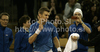 Jarkko Nieminen of Finland celebrates his victory with his teammates after match of Davis Cup between Slovenia and Finland. Match between Jarkko Nieminen of Finland and Blaz Kavcic of Slovenia was held in Tivoli Arena in Ljubljana, Slovenia, on Sunday, 6th of March 2011.
