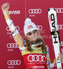 Lindsey Vonn of USA celebrates her medal won in Women super-g race of Audi FIS alpine skiing World Cup 2010-2011 in Tarvisio, Italy. Women super-g race of Audi FIS alpine skiing World Cup 2010-2011, was held on Sunday, 6th of March 2011, in Tarvisio, Italy.
