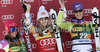Lindsey Vonn of USA (M) Maria Riesch of Germany (R) Julia Mancuso of USA (L) celebrates her medal won in Women super-g race of Audi FIS alpine skiing World Cup 2010-2011 in Tarvisio, Italy. Women super-g race of Audi FIS alpine skiing World Cup 2010-2011, was held on Sunday, 6th of March 2011, in Tarvisio, Italy.
