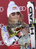 Lindsey Vonn of USA celebrates her medal won in Women super-g race of Audi FIS alpine skiing World Cup 2010-2011 in Tarvisio, Italy. Women super-g race of Audi FIS alpine skiing World Cup 2010-2011, was held on Sunday, 6th of March 2011, in Tarvisio, Italy.
