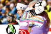 Second placed Viktoria Rebensburg of Germany (L) and winner Lindsey Vonn of USA (R) in finish of second run of women giant slalom race of Audi FIS Alpine skiing World cup in Soelden, Austria. First race of season 2011-2012 was held on Rettenbach glacier above Soelden, Austria, on Saturday, 22nd of October 2011.
