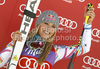 Winner Lindsey Vonn of USA celebrates her medal won in women giant slalom race of Audi FIS Alpine skiing World cup in Soelden, Austria. First race of season 2011-2012 was held on Rettenbach glacier above Soelden, Austria, on Saturday, 22nd of October 2011.
