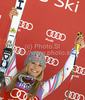 Winner Lindsey Vonn of USA celebrates her medal won in women giant slalom race of Audi FIS Alpine skiing World cup in Soelden, Austria. First race of season 2011-2012 was held on Rettenbach glacier above Soelden, Austria, on Saturday, 22nd of October 2011.
