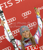 Winner Lindsey Vonn of USA celebrates her medal won in women giant slalom race of Audi FIS Alpine skiing World cup in Soelden, Austria. First race of season 2011-2012 was held on Rettenbach glacier above Soelden, Austria, on Saturday, 22nd of October 2011.
