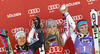 Winner Lindsey Vonn of USA (M), second placed Viktoria Rebensburg of Germany (L) and third placed Elisabeth Goergl of Austria (R) celebrate their medals won in women giant slalom race of Audi FIS Alpine skiing World cup in Soelden, Austria. First race of season 2011-2012 was held on Rettenbach glacier above Soelden, Austria, on Saturday, 22nd of October 2011.
