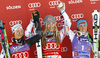 Winner Lindsey Vonn of USA (M), second placed Viktoria Rebensburg of Germany (L) and third placed Elisabeth Goergl of Austria (R) celebrate their medals won in women giant slalom race of Audi FIS Alpine skiing World cup in Soelden, Austria. First race of season 2011-2012 was held on Rettenbach glacier above Soelden, Austria, on Saturday, 22nd of October 2011.

