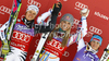 Winner Lindsey Vonn of USA (M), second placed Viktoria Rebensburg of Germany (L) and third placed Elisabeth Goergl of Austria (R) celebrate their medals won in women giant slalom race of Audi FIS Alpine skiing World cup in Soelden, Austria. First race of season 2011-2012 was held on Rettenbach glacier above Soelden, Austria, on Saturday, 22nd of October 2011.
