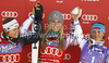 Winner Lindsey Vonn of USA (M), second placed Viktoria Rebensburg of Germany (L) and third placed Elisabeth Goergl of Austria (R) celebrate their medals won in women giant slalom race of Audi FIS Alpine skiing World cup in Soelden, Austria. First race of season 2011-2012 was held on Rettenbach glacier above Soelden, Austria, on Saturday, 22nd of October 2011.
