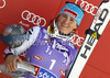 Third placed Elisabeth Goergl of Austria celebrates her medal won in women giant slalom race of Audi FIS Alpine skiing World cup in Soelden, Austria. First race of season 2011-2012 was held on Rettenbach glacier above Soelden, Austria, on Saturday, 22nd of October 2011.
