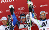 Winner Ted Ligety of USA (M), second placed Alexis Pinturault of France (L) and third placed Philipp Schoerghofer of Austria (R) celebrate their medals won in men giant slalom race of Audi FIS Alpine skiing World cup in Soelden, Austria. First race of men season 2011-2012 was held on Rettenbach glacier above Soelden, Austria, on Sunday, 23rd of October 2011.
