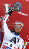 Third placed Philipp Schoerghofer of Austria celebrates his medal won in men giant slalom race of Audi FIS Alpine skiing World cup in Soelden, Austria. First race of men season 2011-2012 was held on Rettenbach glacier above Soelden, Austria, on Sunday, 23rd of October 2011.
