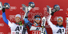 Winner Ted Ligety of USA (M), second placed Alexis Pinturault of France (L) and third placed Philipp Schoerghofer of Austria (R) celebrate their medals won in men giant slalom race of Audi FIS Alpine skiing World cup in Soelden, Austria. First race of men season 2011-2012 was held on Rettenbach glacier above Soelden, Austria, on Sunday, 23rd of October 2011.

