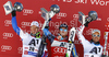 Winner Ted Ligety of USA (M), second placed Alexis Pinturault of France (L) and third placed Philipp Schoerghofer of Austria (R) celebrate their medals won in men giant slalom race of Audi FIS Alpine skiing World cup in Soelden, Austria. First race of men season 2011-2012 was held on Rettenbach glacier above Soelden, Austria, on Sunday, 23rd of October 2011.
