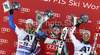 Winner Ted Ligety of USA (M), second placed Alexis Pinturault of France (L) and third placed Philipp Schoerghofer of Austria (R) celebrate their medals won in men giant slalom race of Audi FIS Alpine skiing World cup in Soelden, Austria. First race of men season 2011-2012 was held on Rettenbach glacier above Soelden, Austria, on Sunday, 23rd of October 2011.
