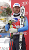 Second placed Bode Miller of USA at the flower ceremony of Men Super-G race of Audi FIS alpine skiing World Cup in Val Gardena, Italy. Super-G race of Men Audi FIS Alpine skiing World Cup 2011 / 2012, was held on Friday, 16th of December 2011, on Saslong course in Val Gardena, Italy. 
