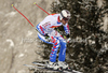 Adrien Theaux of France skiing in Men Downhill race of Audi FIS alpine skiing World Cup in Val Gardena, Italy before the race was canceled. Downhill race of Men Audi FIS Alpine skiing World Cup 2011 / 2012, was held on Saturday, 17th of December 2011, on Saslong course in Val Gardena, Italy. 
