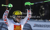 Winner Marcel Hirscher of Austria reacts in finish of second run of men slalom race of Audi FIS Alpine skiing World cup in Alta Badia, Italy. Men slalom race of Audi FIS Alpine skiing World cup was held on Gran Risa course in Alta Badia, Italy on Monday, 19th of December 2011.
