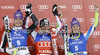 Winner Marlies Schild of Austria (M), second placed Maria Hoefl-Riesch of Germany (L) and third placed Tina Maze of Slovenia (R) celebrate their medals won in women slalom race of Audi FIS Alpine skiing World cup in Flachau, Austria. Women slalom race of Audi FIS Alpine skiing World cup, which replaced canceled Levi race, was held in Flachau, Austria on Tuesday, 20th of December 2011.
