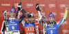 Winner Marlies Schild of Austria (M), second placed Maria Hoefl-Riesch of Germany (L) and third placed Tina Maze of Slovenia (R) celebrate their medals won in women slalom race of Audi FIS Alpine skiing World cup in Flachau, Austria. Women slalom race of Audi FIS Alpine skiing World cup, which replaced canceled Levi race, was held in Flachau, Austria on Tuesday, 20th of December 2011.

