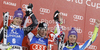Winner Marlies Schild of Austria (M), second placed Maria Hoefl-Riesch of Germany (L) and third placed Tina Maze of Slovenia (R) celebrate their medals won in women slalom race of Audi FIS Alpine skiing World cup in Flachau, Austria. Women slalom race of Audi FIS Alpine skiing World cup, which replaced canceled Levi race, was held in Flachau, Austria on Tuesday, 20th of December 2011.
