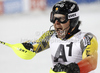 Julien Cousineau of Canada reacts in finish of second run of men slalom race of Audi FIS Alpine skiing World cup in Flachau, Austria. Men slalom race of Audi FIS Alpine skiing World cup, which replaced canceled Levi race, was held in Flachau, Austria on Wednesday, 21st of December 2011.
