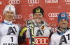 Winner Ivica Kostelic of Croatia (M), second placed Andre Myhrer of Sweden (L) and third placed Cristian Deville of Italy (R) celebrate their medals won in men slalom race of Audi FIS Alpine skiing World cup in Flachau, Austria. Men slalom race of Audi FIS Alpine skiing World cup, which replaced canceled Levi race, was held in Flachau, Austria on Wednesday, 21st of December 2011.
