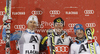 Winner Ivica Kostelic of Croatia (M), second placed Andre Myhrer of Sweden (L) and third placed Cristian Deville of Italy (R) celebrate their medals won in men slalom race of Audi FIS Alpine skiing World cup in Flachau, Austria. Men slalom race of Audi FIS Alpine skiing World cup, which replaced canceled Levi race, was held in Flachau, Austria on Wednesday, 21st of December 2011.
