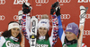 Winner Anna Fenninger of Austria (M), second placed Federica Brignone of Italy (L) and third placed Tessa Worley of France (R) celebrate their medals won in women giant slalom race of Audi FIS Alpine skiing World cup in Lienz, Austria. Women giant slalom race of Audi FIS Alpine skiing World cup was held in Lienz, Austria on Wednesday, 28th of December 2011.
