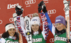 Winner Anna Fenninger of Austria (M), second placed Federica Brignone of Italy (L) and third placed Tessa Worley of France (R) celebrate their medals won in women giant slalom race of Audi FIS Alpine skiing World cup in Lienz, Austria. Women giant slalom race of Audi FIS Alpine skiing World cup was held in Lienz, Austria on Wednesday, 28th of December 2011.
