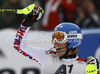 Winner Marlies Schild of Austria reacts in finish of second run of women slalom race of Audi FIS Alpine skiing World cup in Lienz, Austria. Women slalom race of Audi FIS Alpine skiing World cup was held in Lienz, Austria on Thursday, 29th of December 2011.
