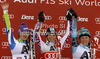 Winner Marlies Schild of Austria (M), second placed Tina Maze of Slovenia (L) and third placed Mikaela Shiffrin of USA (R) celebrate their medals won in women slalom race of Audi FIS Alpine skiing World cup in Lienz, Austria. Women slalom race of Audi FIS Alpine skiing World cup was held in Lienz, Austria on Thursday, 29th of December 2011.
