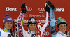 Winner Marlies Schild of Austria (M), second placed Tina Maze of Slovenia (L) and third placed Mikaela Shiffrin of USA (R) celebrate their medals won in women slalom race of Audi FIS Alpine skiing World cup in Lienz, Austria. Women slalom race of Audi FIS Alpine skiing World cup was held in Lienz, Austria on Thursday, 29th of December 2011.
