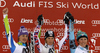 Winner Marlies Schild of Austria (M), second placed Tina Maze of Slovenia (L) and third placed Mikaela Shiffrin of USA (R) celebrate their medals won in women slalom race of Audi FIS Alpine skiing World cup in Lienz, Austria. Women slalom race of Audi FIS Alpine skiing World cup was held in Lienz, Austria on Thursday, 29th of December 2011.
