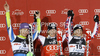 Winner Marlies Schild of Austria (M), second placed Tina Maze of Slovenia (L) and third placed Michaela Kirchgasser of Austria (R) celebrate their medals won in women slalom race of Audi FIS Alpine skiing World cup in Zagreb, Croatia. Women slalom race of Audi FIS Alpine skiing World cup was held on Sljeme above Zagreb, Croatia, on Tuesday, 3rd of January 2012.
