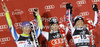 Winner Marlies Schild of Austria (M), second placed Tina Maze of Slovenia (L) and third placed Michaela Kirchgasser of Austria (R) celebrate their medals won in women slalom race of Audi FIS Alpine skiing World cup in Zagreb, Croatia. Women slalom race of Audi FIS Alpine skiing World cup was held on Sljeme above Zagreb, Croatia, on Tuesday, 3rd of January 2012.
