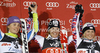 Winner Marlies Schild of Austria (M), second placed Tina Maze of Slovenia (L) and third placed Michaela Kirchgasser of Austria (R) celebrate their medals won in women slalom race of Audi FIS Alpine skiing World cup in Zagreb, Croatia. Women slalom race of Audi FIS Alpine skiing World cup was held on Sljeme above Zagreb, Croatia, on Tuesday, 3rd of January 2012.
