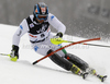 Cristian Deville of Italy skiing in first run of men slalom race of Audi FIS Alpine skiing World cup in Zagreb, Croatia. Men slalom race of Audi FIS Alpine skiing World cup was held on Sljeme above Zagreb, Croatia, on Thursday, 5th of January 2012.
