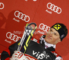 Third placed Ivica Kostelic of Croatia celebrates his medal won in men slalom race of Audi FIS Alpine skiing World cup in Zagreb, Croatia. Men slalom race of Audi FIS Alpine skiing World cup was held on Sljeme above Zagreb, Croatia, on Thursday, 5th of January 2012.
