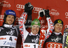 Winner Marcel Hirscher of Austria (M), second placed Felix Neureuther of Germany (L) and third placed Ivica Kostelic of Croatia (R) celebrate their medals won in men slalom race of Audi FIS Alpine skiing World cup in Zagreb, Croatia. Men slalom race of Audi FIS Alpine skiing World cup was held on Sljeme above Zagreb, Croatia, on Thursday, 5th of January 2012.
