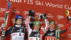 Winner Marcel Hirscher of Austria (M), second placed Felix Neureuther of Germany (L) and third placed Ivica Kostelic of Croatia (R) celebrate their medals won in men slalom race of Audi FIS Alpine skiing World cup in Zagreb, Croatia. Men slalom race of Audi FIS Alpine skiing World cup was held on Sljeme above Zagreb, Croatia, on Thursday, 5th of January 2012.
