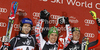 Winner Marcel Hirscher of Austria (M), second placed Felix Neureuther of Germany (L) and third placed Ivica Kostelic of Croatia (R) celebrate their medals won in men slalom race of Audi FIS Alpine skiing World cup in Zagreb, Croatia. Men slalom race of Audi FIS Alpine skiing World cup was held on Sljeme above Zagreb, Croatia, on Thursday, 5th of January 2012.
